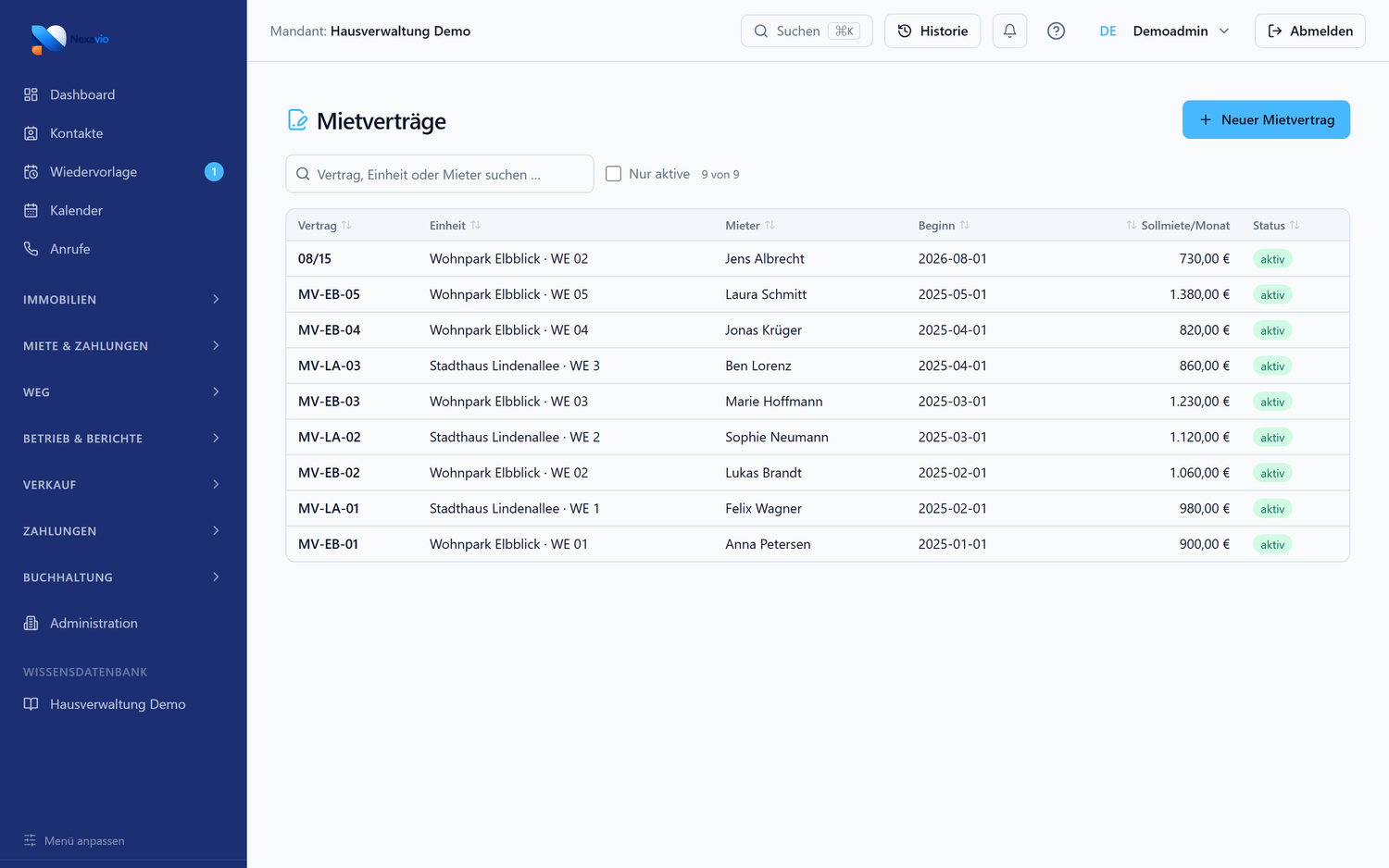 Mietverträge in der Verwalter-Version von Nexavio